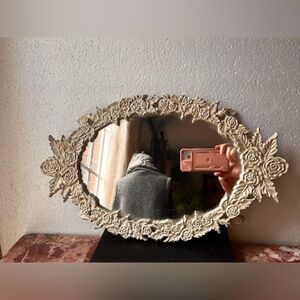 Vintage Vanity Mirror Tray Ornate Victorian Cast Iron Footed Perfume Floral